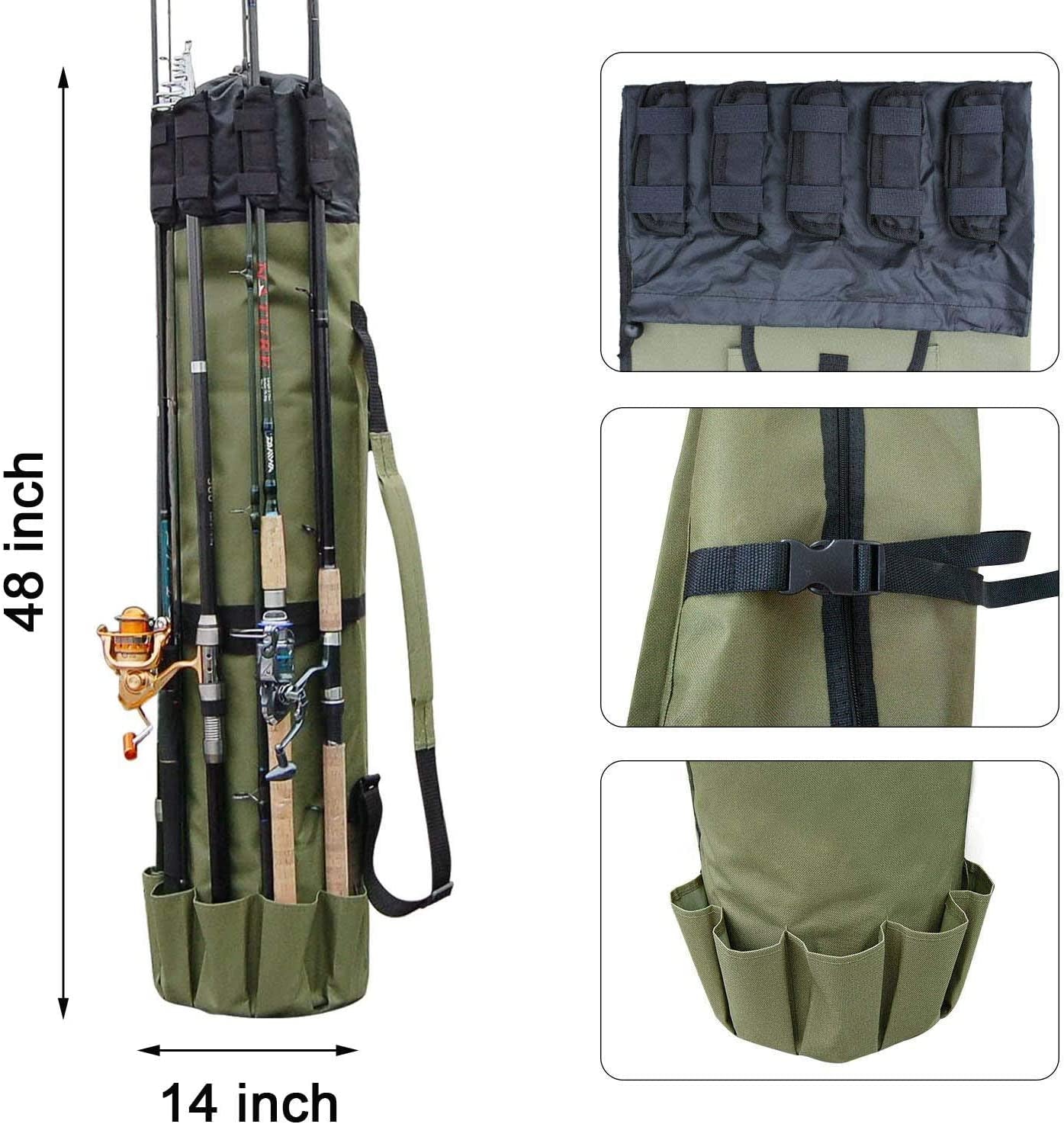 Fishing Pole Bag with Rod Holder Fishing Rod Bag Carrier Case 5 Poles Waterproof Travel Case Fishing Tackle Box Storage Bag Durable Fishing Gear Organizer Fishing Gift for Men