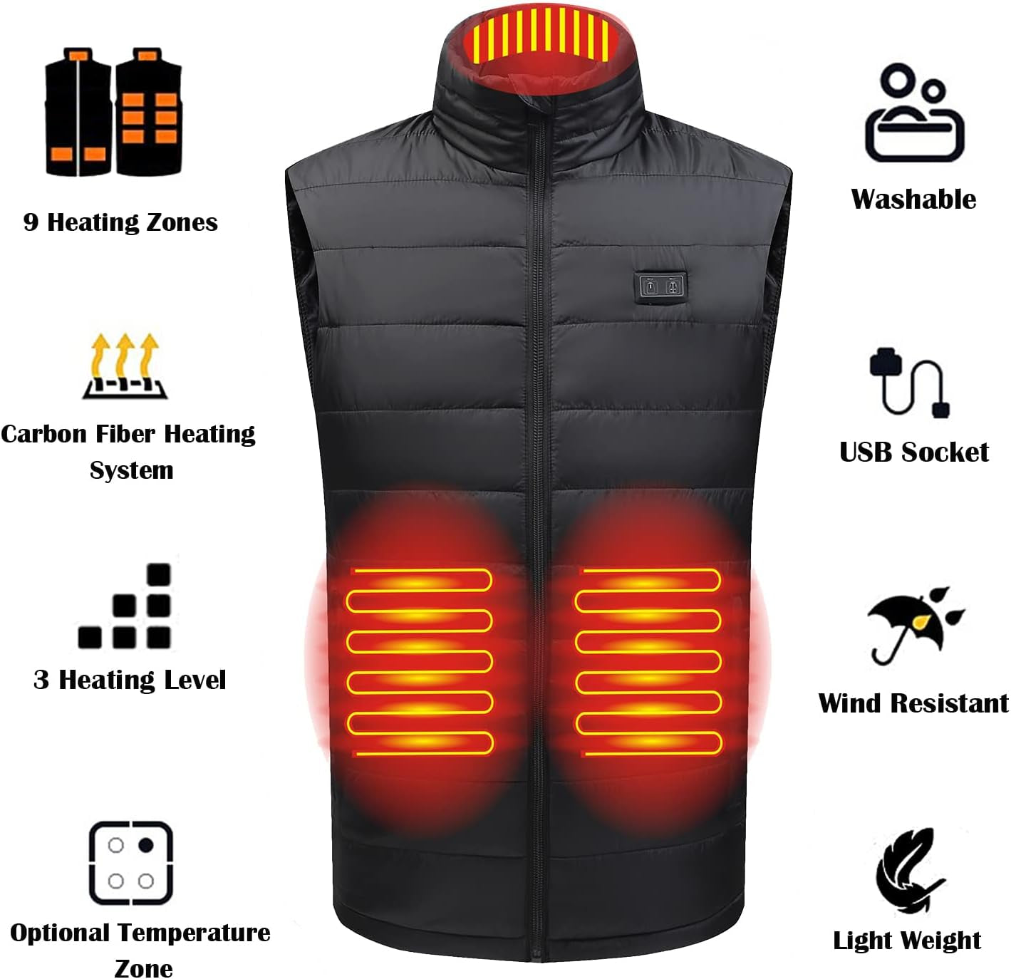 Mens Heated Vest with 3 Heating Level & 9 Heating Zones, Washable Lightweight Zip Heated Vest with Battery Pack