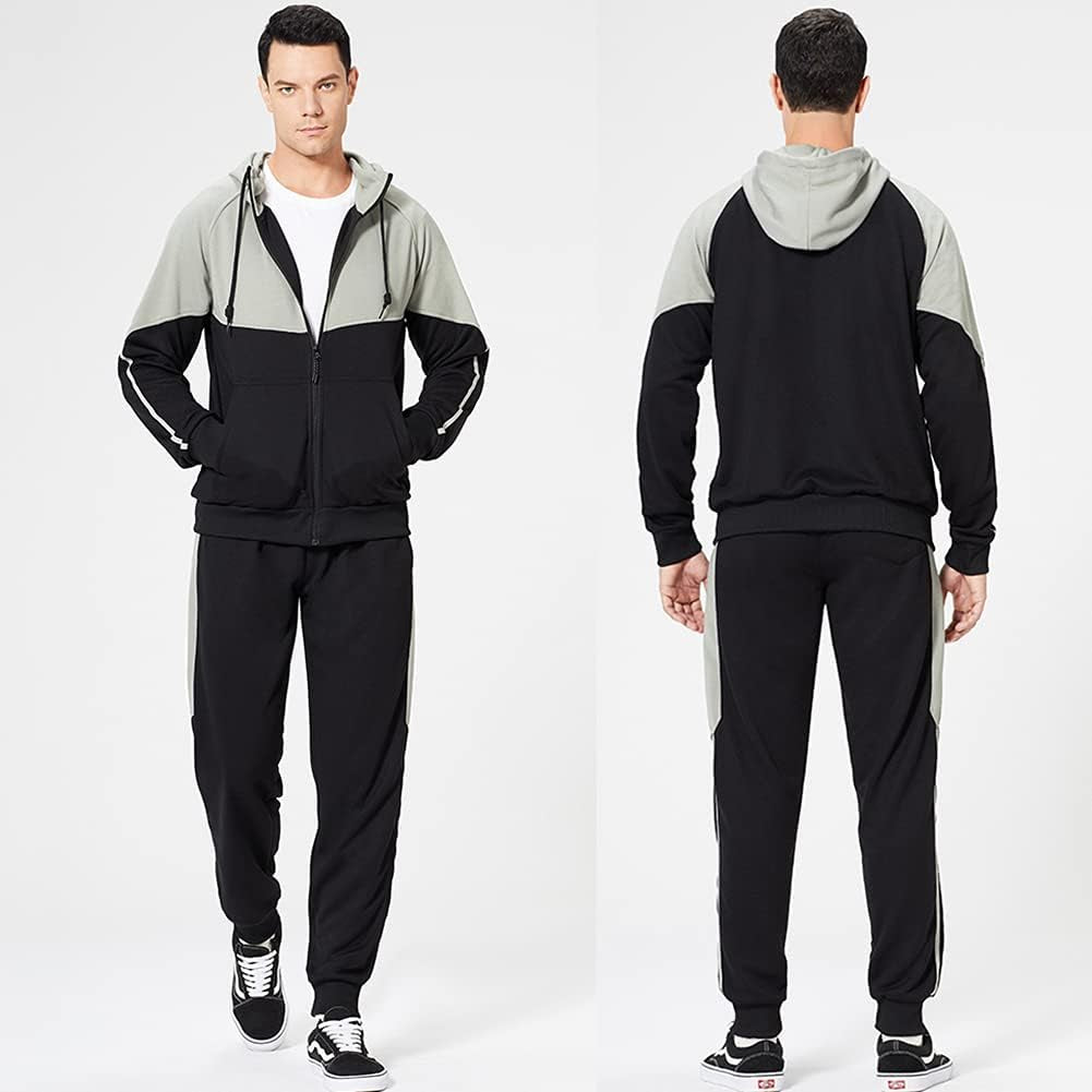 Men'S Hooded Athletic Tracksuit Sweatsuit Long Sleeve Full-Zip Jogging Sweatpants 2 Piece Patchwork Sportsuits